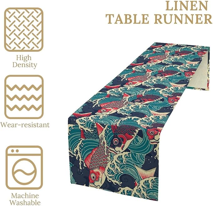 Kio Fish Table Runner Waves Japanese Tradition Art Printed Burlap Runner Home Kitchen Dining Table Living Room Decor Fabric 1 Panel W13xL60in