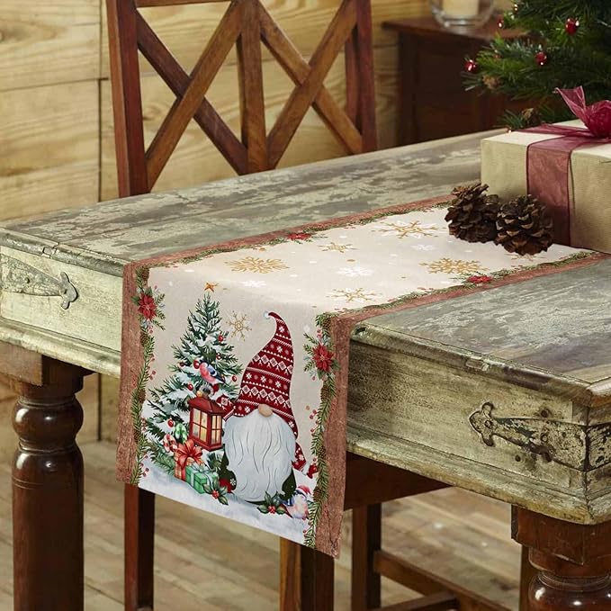 Christmas Gnomes Cotton Linen Table Runner for Dining Kitchen, Xmas Pine Tree Snowflake Rustic Wedding Outdoor Party Tablerunners Decoration, Retro Wood Dresser Scarf Tablecloth Runners 13x70 Inches