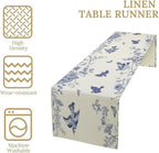 Monochrome Sketch Flowers Bird Table Runner, Seasonal Spring Fall Plants Blue Florals Dinner Runner for Home Kitchen Dining Table Party Holiday Decoration 13"x90"