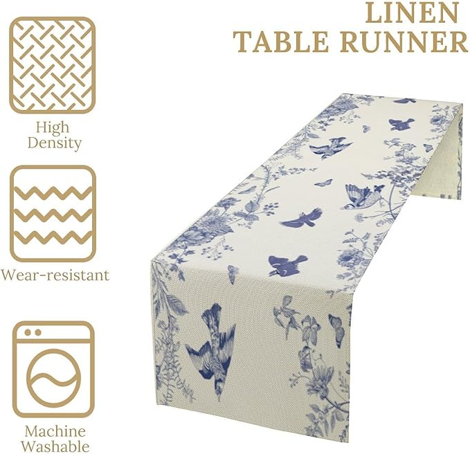 Monochrome Sketch Flowers Bird Table Runner, Seasonal Spring Fall Plants Blue Florals Dinner Runner for Home Kitchen Dining Table Party Holiday Decoration 13"x70"