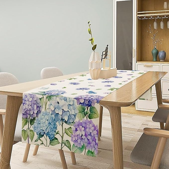 Spring Hydrangea Flower Table Runner, Seasonal Summer Plants Watercolor Florals Butterfly Dinner Runner for Home Kitchen Dining Table Party Holiday Decoration 13"x120"