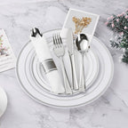 BESTVIP 175PCS Silver Plastic Dinnerware Set, Disposable Party Plates for 25 Guests, Include: 50 Plastic Plates, 25 Pre Rolled Napkins with Silver Silverware, 25 Cups for Christmas, Halloween