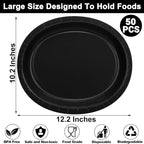 QZYL 50 Count Black Large Paper Plates, 12.2'' X 10.2'' Oval Disposable Plates, Daily Heavy Duty Dinnerware Party Decorations for Birthday Wedding Formal Dinner Holiday
