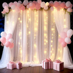 10 * 8FT White Pearl Tulle Double Layered Backdrop Curtain with Lights String and Lining Fabric for Wedding Baby Shower Birthday Parites Photo Decorations