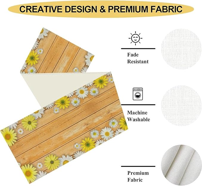Farmhouse Floral Table Runner, Spring Seasonal Yellow Daisy Sunflower Retro Wooden Country Table Center Decor for Home Kitchen Dining Patio Holiday Party Table Decorations, 13"x90" Inch