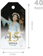 Andaz Press 40-Pack Personalized Quinceañera Favor Tags with String, Classic Gift Tags Mis Quince with Custom Photo for Quince Años, XV, 15th Birthday, Favor Gifts, Quinceanera Decorations