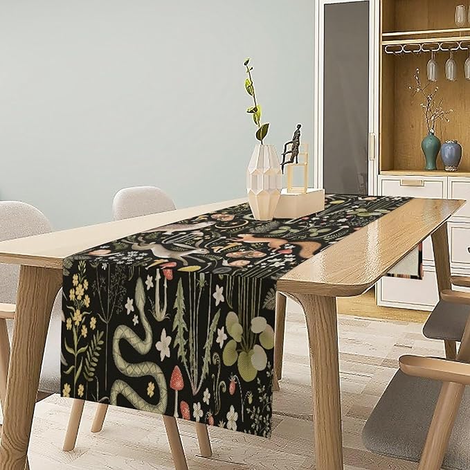 Mushroom Table Runner,Vintage Boho Forest Wild Animal Wildflower Botanical Plants Pattern Print Burlap Hotel Indoors Outdoor Dining Room Kitchen Holiday Party, 13x60in