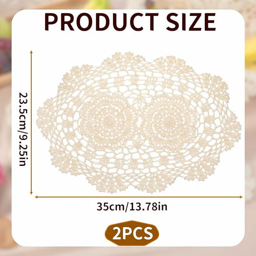 2-Pack Vintage Lace Placemats - 10x14 Inch French Crochet Lace Doilies, Handmade Embroidered Oval Table Mats for Dining, Tea Party, Wedding Decor, Furniture and Home Decoration (Beige)