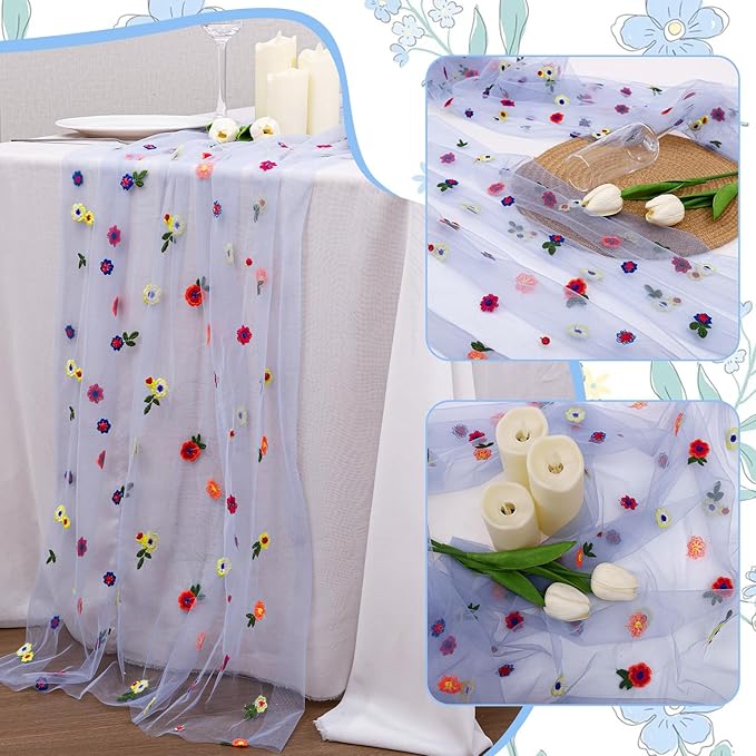 BINBE 6pcs Daisy Fall Table Runner Embroidery Gauze 10FT Florals Seasonal Tulle Holiday Birthday Kitchen Dining Table Decor for Home Party Blue
