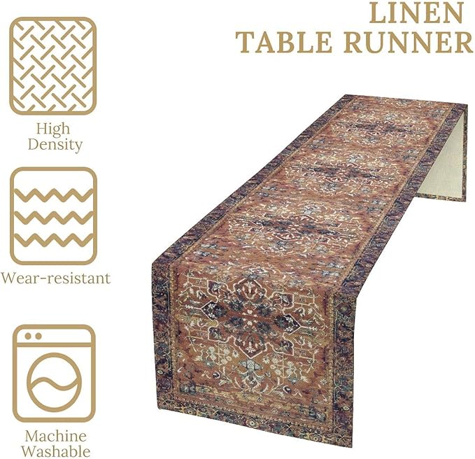 Boho Floral Vintage Table Runner, Purple Brown Retro Flower Rustic Country Farmhouse Abstract Pattern for Home Kitchen Table Decor Dining Coffee Room Party Decor 13x90in