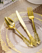 Goodluck 350 Piece Clear Gold Plastic Dinnerware Set for 50 Guests, Fancy Disposable Plates, Include: 100 Gold Rim Plastic Plates, 150 Silverwares, 50 Pre Rolled Napkins, 50 Cups for Party, Wedding