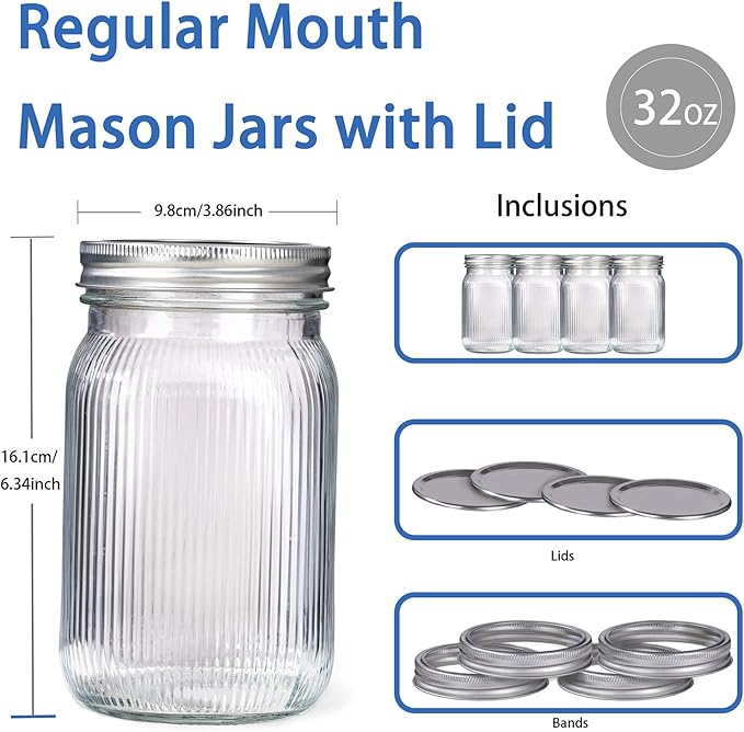 WELLIFE Large Mason Jars,4 Pcs Wide Mouth Mason Jars 32 Oz for Food Storage, Overnight Oats,Honey,Sauces,Meal Prep,Salad,Yogurt
