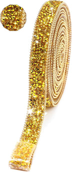 Rhinestone Ribbon 3 Yards Self Adhesive Rhinestone Strips Diamond Ribbon Sticker Crystal Roll Glitter Bling Rhinestones Tape for Crafting DIY Art Decoration (Gold,0.6 Inch)