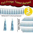 3P Metallic Fringe Tassel Banner Garland Foil Tinsel Streamer Wall Hanging Curtain Backdrop Banner for Parade Floats, Graduation Decorations, Wedding Party Decoration(Light Blue)
