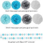 Royal-Light Blue Silver Party Decorations - 30pcs Tissue Pom Poms Streamers,Birthday Tassel Garland Banner,Graduation Wedding Engagement Baby Bridal Shower Decor Ouruola