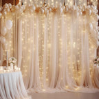 10×10ft Champagne Tulle Backdrop Curtain with Lights String for Parites, Sheer Photo Curtain Backdrop Drapes for Wedding Party Photography Backgrounds
