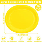 50 Pcs Party Decorations, 12.2'' X 10.2'' Oval Large Paper Plates, Yellow Disposable Paper Plates, Heavy Duty Paper Plates for Birthday Party Wedding Picnic Baby Shower Barbecue Holiday Daily Use