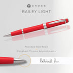 Cross Bailey Light Refillable Rollerball Pen Presented in a Everyday Gift Box - Medium Point, Black Ink, Red