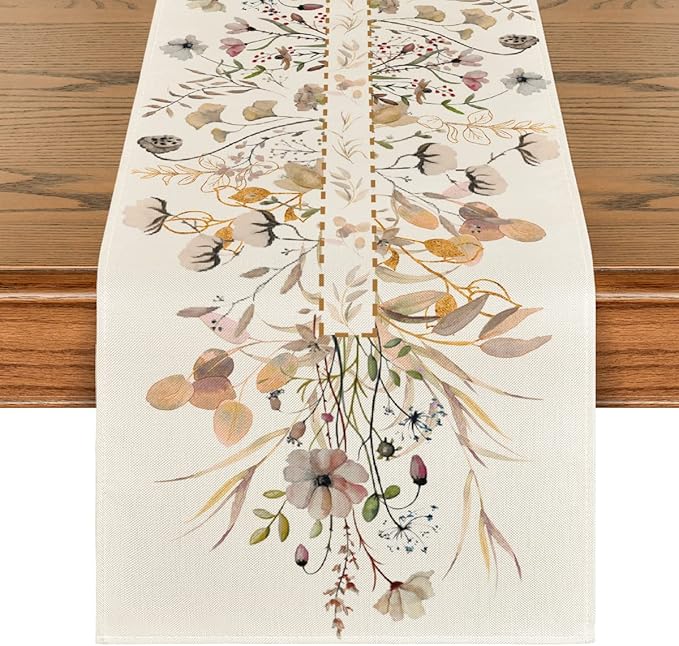 Artoid Mode Wildflower Leaves Floral Fall Table Runner, Autumn Thanksgiving Kitchen Dining Table Decoration for Indoor Outdoor Home Party 13x108 Inch