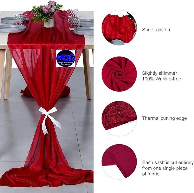 MDS 25 Pack 10ft Chiffon Table Runner 29 x 120 Inches Sheer Wedding Runner Romantic Rustic Table Runner for Wedding Decorations, Birthday Parties, Bridal Shower Party Arch Decor - Apple red