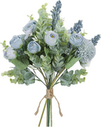 Meldel 3Pcs Rose Bouquet Blue Artificial Flowers Fake Eucalyptus Plants Silk Flower Arrangements Wedding Bouquets Decorations Plastic Floral Table Centerpieces for Home Kitchen Garden Party Decor