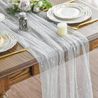 Artoid Mode 3PCS Pearl Gauze Table Runner 120 Inch 10FT, Seasonal Sheer Dining Holiday Wedding Birthday Baby Shower Table Decor for Home Party