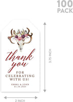 Andaz Press 100-Pack Personalized Thank You for Celebrating with Us Wedding Favor Tags with Bakers Twine Boho Rustic Floral Antlers Custom Cardstock Wedding Gift Tags for Party Favors 2 x 3.75-Inches
