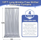 leegleri 20x10ft Thick Silver Glitter Backdrop Curtain Panels for Parties, Wrinkle Free Sequin Sparking Photo Backdrop Drapes, 4 Panels 5x10ft Shimmer Back Drop Cloth for Wedding Birthday Photography