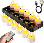 SoulBay Flameless Candles with Remote Control Timer & Charging Base, 12pcs USB Rechargeable Battery LED Tea Lights Candles Small Votive for Lantern Pool Mantle Weddings Emergency Christmas Decorative