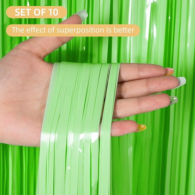 10 Pack Green Foil Curtain Backdrop 3.2ft x 8.2ft Macaron Tinsel Foil Fringe Curtains Streamer Photo Booth Backdrop for Birthday Party Baby Shower Engagement Wedding Holiday Decoration (Macaron Green)