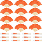 12 Pieces Orange Hand Held Bamboo Folding Fans Paper Fans Handheld for Women Foldable Girls Wedding DIY Decoration Church Home Party Favors Summer