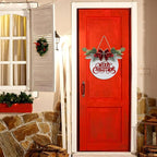 CHDITB Cute Merry Christmas Wooden Front Door Wreath(11.4”x11.4”), Farmhouse 3D Christmas Decor Hanging Sign with Red Plaid Bow Berries Mistletoe, Housewarming Gift for Xmas Winter Holiday New Year
