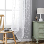 VISIONTEX White Leaves Sheer Voile Curtains, Decorative Embroidery Rod Pocket Window Drapes for Home Living Room and Bedroom 54 x 95 Inch, Set of 2 Curtain Panels