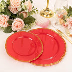 Hioasis 60pcs Red Plastic Plates - Red and Gold Disposable Dinnerware with Gold Rim, Heavy-duty, 7.5 inch, Dessert Plates for Party & Wedding