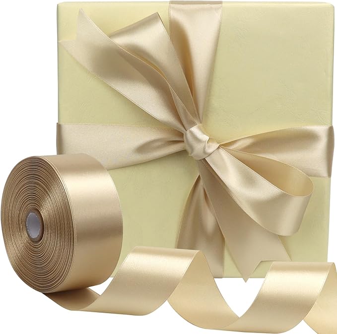 Champagne Solid Satin Ribbon 1-1/2 Inch 50 Yards Solid Polyester Fabric Ribbon for Gift Wrapping Wedding Christmas Baby Shower Birthday Party Decoration Handmade Immortal Flower Craft