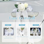 4PCS Wedding Car Door Handle Decorative Flowers, White Artificial Cars Bouquet Flower Bowknot Ribbon Decor, Just Married Automotive Decorations Accessories for Door Handles