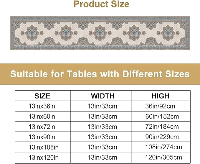 Boho Bohemia Style Table Runner, Vintage Teal Brown Retro Flower Rustic Country Style Floral Print Pattern for Home Kitchen Table Decor Dining Coffee Room Garden Party Decor 13x36in