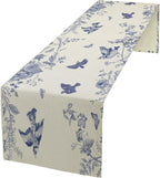 Monochrome Sketch Flowers Bird Table Runner, Seasonal Spring Fall Plants Blue Florals Dinner Runner for Home Kitchen Dining Table Party Holiday Decoration 13"x108"