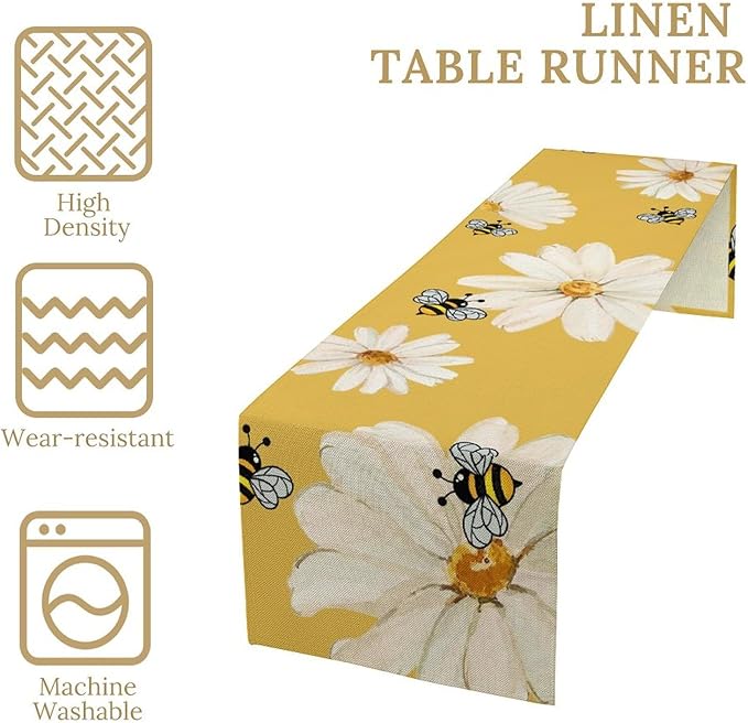 Daisy Flower Table Runner, Summer Spring Seasonal Watercolor Wildflower Yellow Bee Print Table Cover for Home Party Decor Kitchen Dining Table, 13x70inch