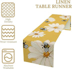 Daisy Flower Table Runner, Summer Spring Seasonal Watercolor Wildflower Yellow Bee Print Table Cover for Home Party Decor Kitchen Dining Table, 13x60inch