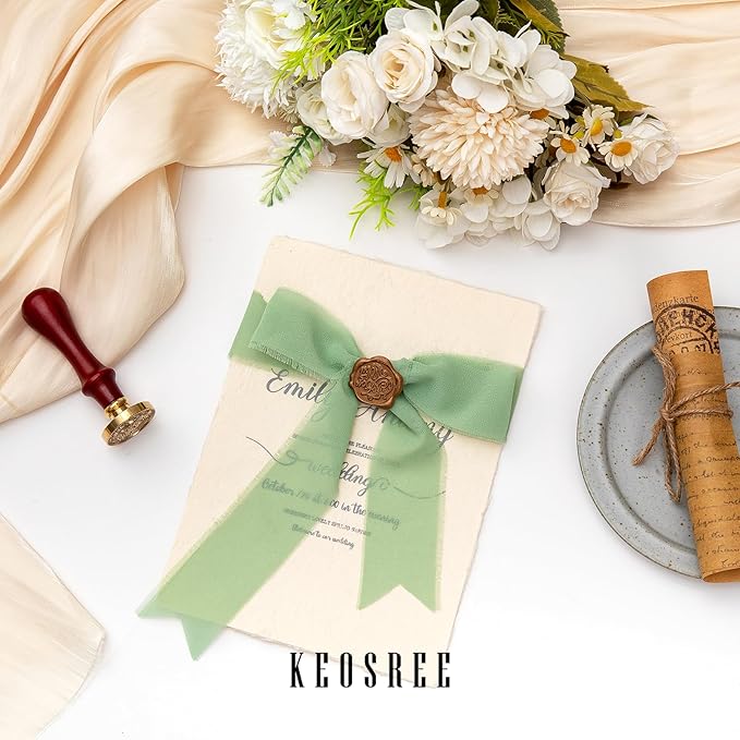3 Rolls Sage Green Handmade Chiffon Ribbon,1.5" x 21Yd Frayed Fringe Silk Ribbons (3 Rolls *7Yd) for Gifts Wrapping, Wedding Invitations, Bridal Bouquets, Decorations