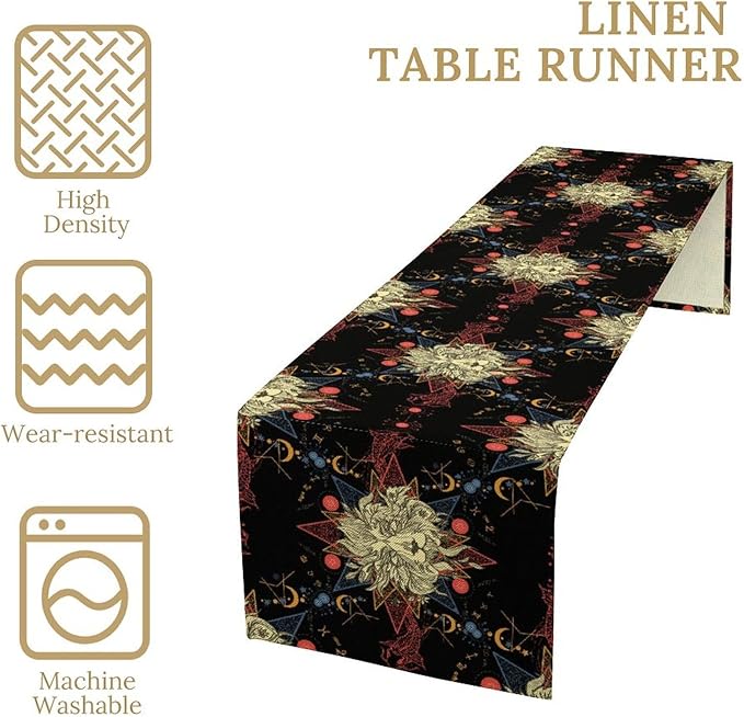 Boho Moon Lion Table Runner, Chinese Fish Phase of The Moon Sun Moon Table Runner for Kitchen Dining Table Home Party,13x60 Inch Black Red
