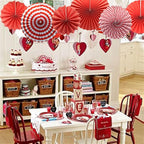 Party Hanging Paper Fans Set, Red Round Pattern Paper Garlands Decoration for Birthday Wedding Graduation Events Accessories, Set of 6