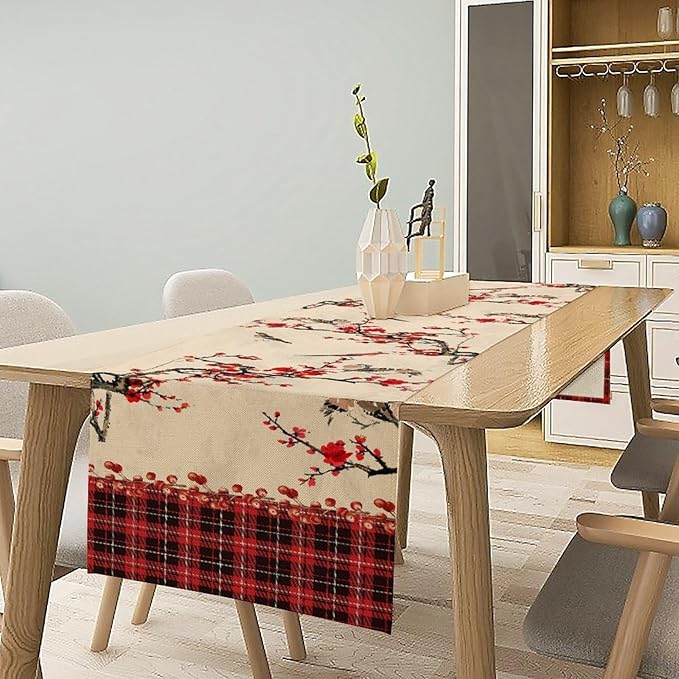 Bird Table Runner,Red Black Buffalo Plaid Blossom Seasonal Table Runner for Kitchen Dining Table Decoration Home Party Decor 13x108 Inch