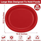 QZYL 50 Pcs Party Decorations, 12.2'' X 10.2'' Oval Large Paper Plates, Red Disposable Heavy Duty Paper Plates for Birthday Party, Wedding, Picnic, Barbecue, Holiday