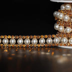 Jerler Gold Rhinestone Trim Applique 1 Yard 2 Rows Crystal Chain Banding Diamond Inlaid White Pearl Beaded Rhinestones for Crafts Clothing and Bridal Embellishments Wedding Ideas Christmas Decorations