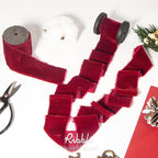 Ribbli Burgundy Velvet Ribbon 1.5 Inch Handmade Frayed Vintage Christmas Ribbon for Gift Wrapping Christmas Tree Ornament Wreath Craft Home Decor -Total 3 Yards with Wooden Spool