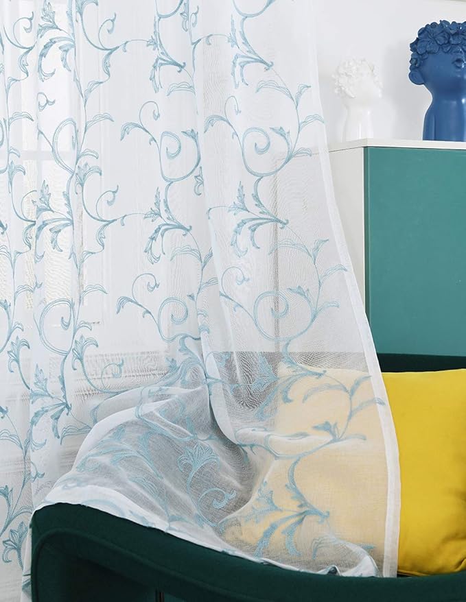 Floral Embroidery Sheer Curtains Blue 45 Inch Length, Vintage Rod Pocket Voile Drapes for Living room, Bedroom, Window Treatments Semi Crinkle Curtain Panels for Villa, Parlor, Set of 2, 52"x 45".