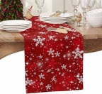 Christmas Snowflakes Cotton Linen Table Runner for Dining Kitchen, Red Xmas Winter Snow Wedding Outdoor Party Tablerunners Decoration, New Year Dresser Scarf Coffee Tablecloth Runners 13x36 Inches