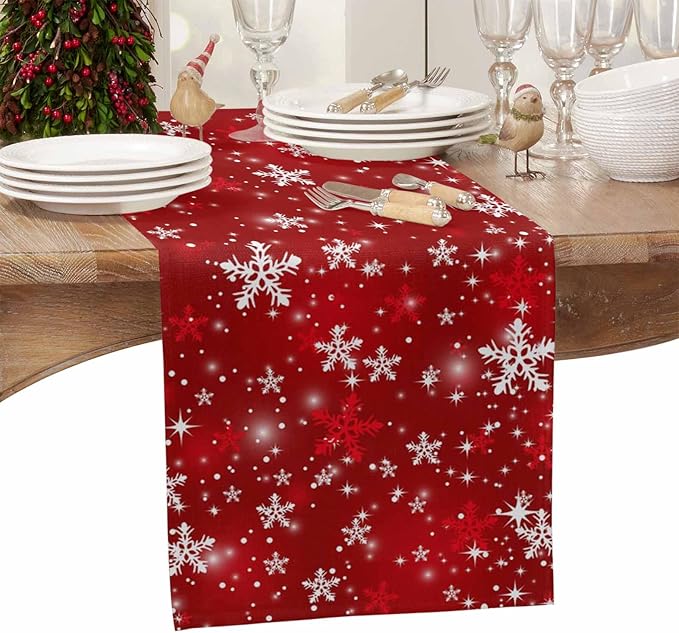 Christmas Snowflakes Cotton Linen Table Runner for Dining Kitchen, Red Xmas Winter Snow Wedding Outdoor Party Tablerunners Decoration, New Year Dresser Scarf Coffee Tablecloth Runners 13x48 Inches